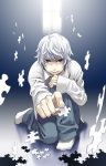  baggy_pants blue_eyes death_note highres near puzzle socks squatting white_hair 