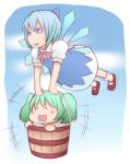  :d bad_id bucket carrying cirno girl_in_bucket in_bucket in_container kisume laughing multiple_girls omacchi open_mouth smile touhou 