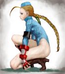  beret boots braid cammy cammy_white garrison_cap gloves hat high_heels leotard long_hair o pon scar shoes solo squatting street_fighter twin_braids 