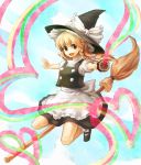  bad_id blonde_hair braid broom broom_riding buttons dress fang hair_ribbon hat heart kirisame_marisa mary_janes mini-hakkero open_mouth outstretched_arms ribbon shoes short_hair sigina smile socks solo spread_arms touhou witch_hat yellow_eyes 