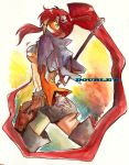  breasts double_k double_k_garhalla_vice gun hair_ornament hotpants jacket large_breasts long_hair ponytail red_hair redhead short_shorts shorts sunglasses tehryu tengen_toppa_gurren_lagann thighhighs traditional_media underboob very_long_hair watercolor_(medium) weapon yoko_littner 