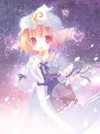  butterfly dress food hat holding long_sleeves multicolored_hair no_nose open_mouth petals pink_eyes pink_hair ribbon rise_(artist) rise_(teapot) saigyouji_yuyuko short_hair solo touhou wide_sleeves wind 