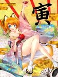  animal_ears blue_eyes blush breasts cleavage collarbone egasumi fan furisode highres japanese_clothes kimono legs new_year npon515 off_shoulder orange_hair original sake sandals seigaiha shoe_dangle socks solo strap_slip tiger_ears yukata 