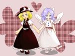  blonde_hair blue_eyes blue_hair blush child dress flower hand_holding hat hat_ribbon heart holding_hands mai_(touhou) multiple_girls open_mouth ribbon shoes short_sleeves touhou touhou_(pc-98) ukanmuri wings yellow_eyes yuki_(touhou) 