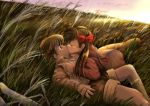  closed_eyes couple eyes_open grass kiss red_ribbon ribbon sunset tamanegi_(pixiv2132624) tamanegi_(sei_tamanegi_web) 