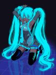  absurdres aqua_eyes aqua_hair armpits arms_up colored dark_skin detached_sleeves ginta glowing glowing_hair hatsune_miku headphones headset highres kneeling long_hair necktie neon_trim reflection skirt smile solo thigh-highs thighhighs twintails very_long_hair vocaloid zettai_ryouiki 