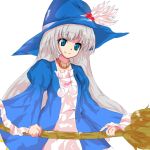  blue_eyes broom error fandom hat long_hair original parody seri_montgomery silver_hair smile solo staff style_parody touhou witch_hat 