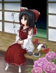  bad_anatomy black_hair bow cup detached_sleeves flower food gap gloves hair_bow hakurei_reimu skirt tabi tea teacup touhou yakumo_yukari 