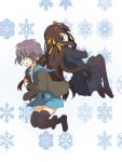  back_to_back bad_id brown_hair glasses grey_hair hairband long_hair nagato_yuki r_(sena007) school_uniform short_hair snowflakes suzumiya_haruhi suzumiya_haruhi_(shoushitsu) suzumiya_haruhi_no_shoushitsu suzumiya_haruhi_no_yuuutsu thigh-highs thighhighs yellow_eyes 