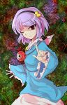  eyes komeiji_satori mozya parody purple_hair red_eyes ribbon short_hair solo style_parody touhou wink 