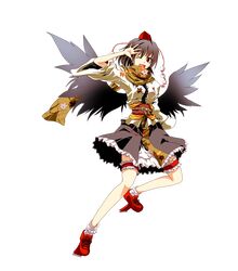  black_wings chaigidhiell doombringer geta hat highres open_mouth red_eyes ribbon scarf shameimaru_aya short_hair skirt smile tengu-geta tokin_hat touhou transparent_background wings 