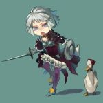  bad_id bird bloomers bow goose grey_hair open_mouth purple_eyes roma shield short_hair sword violet_eyes weapon 