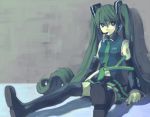  aqua_hair bad_id blue_eyes boots detached_sleeves green_hair hatsune_miku headphones headset long_hair necktie sitting skirt solo spring_onion thigh-highs thighhighs twh_(artist) twintails very_long_hair vocaloid zettai_ryouiki 