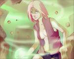  breasts green_eyes haruno_sakura naruto no_bra open_shirt pink_hair smile wind 