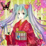  anko_kinako aqua_eyes aqua_hair bad_id butterfly flower hair_ornament hatsune_miku japanese_clothes kimono new_year solo stuffed_animal stuffed_toy tiger twintails vocaloid 