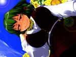  ascot blush breasts flower from_below green_hair kazami_yuuka large_breasts lens_flare looking_down red_eyes short_hair skirt skirt_set sky smile solo sunflower touhou vest 