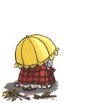  cowering daico damaged flower hiding kazami_yuuka parasol plaid plaid_skirt sad sitting skirt sunflower touhou umbrella white_background 