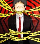  adachi_tohru adachi_tooru black_hair caution_tape formal male necktie persona persona_4 petit short_hair solo suit tied_up yellow_eyes 