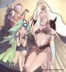  adjusting_hair bikini_armor blonde_hair blue_eyes bra bridal_gauntlets brown_eyes cape earrings female final_fantasy final_fantasy_iv gilbart_chris_von_muir girl green_hair hair_ornament hat long_hair lute_(instrument) male midriff navel official_art ponytail rosa_farrell rydia shoulder_pads sitting tiara 