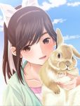  brown_hair bunny hair_ribbon long_hair love_plus ponytail rabbit ribbon sky smile takane_manaka 