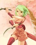  dual_wielding green_hair japanese_clothes kimono ninja original short_hair shorts single_thighhigh solo thigh-highs thighhighs tree weapon wristband 