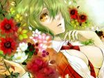  between_breasts breasts bust clothes_between_breasts ermer flower green_hair hair_over_one_eye kazami_yuuka lowres lying necktie on_back open_clothes open_shirt parted_lips plaid_vest short_hair touhou ut_(apt) yellow_eyes 