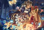  animal_ears bat_wings blonde_hair camisole castle corset flower full_moon highres long_hair maid mikan_(bananoha) moon multiple_girls night original red_eyes resized stars tea tower very_long_hair wings 