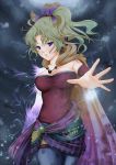  bad_id blue_eyes breasts cape cleavage detached_sleeves final_fantasy final_fantasy_vi green_hair hands highres jewelry large_breasts mi_miko_and_ri_riko pantyhose snow solo tina_branford transformation 