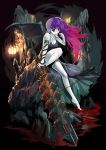  bat_wings blood breasts chain chains cleavage dress highres kogaken mouth_hold multicolored_hair needle pale_skin purple_eyes purple_hair side_ponytail sitting solo sword violet_eyes weapon wings 