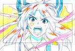  angry colorful face fujiwara_no_mokou hair_ribbon kageyasu monochrome open_mouth partially_colored production_art ribbon solo teeth touhou wind work_in_progress yasutaroo 