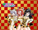  3girls akashi_kaoru animal_costume animal_ears bell bell_collar boned_meat checkered collar costume eating erect_nipples fangs food glasses meat multiple_girls new_year nogami_aoi official_art paws sannomiya_shiho shiina_takashi tail tiger_costume tiger_ears tiger_paws tiger_print tiger_tail wallpaper zettai_karen_children 