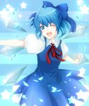  bad_id blue_eyes blue_hair bow cirno dress hair_bow ice nao_(doublexdutch) solo star touhou wings wink 