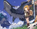  bird blonde_hair boots brown_eyes child claws cloud clouds dragon fantasy flower flying horns kitsune_(scrawl) legs looking_up nature orange_hair original ponytail shorts skull sky solo standing 