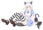  1girl animal_ears ashuku cat dress eila_ilmatar_juutilainen highres long_hair mary_janes panties ribbon shoes smile solo strike_witches striped striped_legwear tail thigh-highs underwear violet_eyes white_hair 