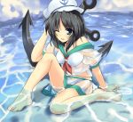  barefoot black_hair feet hat legs midori-shiki murasa_minamitsu see-through sitting solo submerged touhou water wet wet_clothes wink 
