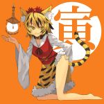  barefoot blonde_hair collar fang hair_ornament ke-su kemonomimi_mode short_hair solo tail tiger_ears tiger_print tiger_tail toramaru_shou touhou yellow_eyes 