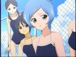  4girls black_hair blue_hair cap clouds fence grey_eyes okusama_wa_mahou_shoujo one-piece_swimsuit open_mouth outdoors ponytail school_swimsuit screencap short_hair sky smile swimsuit twintails yellow_eyes 