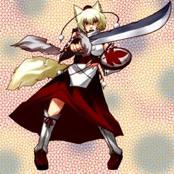  animal_ears bad_id detached_sleeves hat inubashiri_momiji red_eyes shield shinobe short_hair sword tail tokin_hat touhou weapon white_hair wolf_ears wolf_tail 