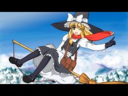  bag blonde_hair broom broom_riding gloves hat kirisame_marisa letterboxed pantyhose satchel scarf short_hair solo touhou wink winter_clothes witch_hat yamaguchi_takashi yamaguchi_yuu yellow_eyes 