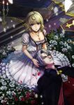  blonde_hair blood blue_eyes breasts candle cape cleavage coffin degitalk dress fang flower looking_up rose tears vampire white_hair yellow_eyes 