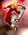 apple bad_apple!! bad_id blonde_hair dress elly food fruit hat hat_ribbon high_heels holding holding_fruit jumping long_sleeves open_mouth outstretched_arm pantyhose red_eyes ribbon scythe shimomoto shoes short_hair solo touhou touhou_(pc-98) weapon white_legwear 