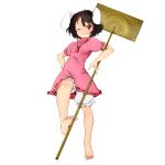  animal_ears barefoot between_toes black_hair bunny_ears feet hammer highres inaba_tewi rabbit_ears red_eyes reri short_hair touhou transparent_background wink 