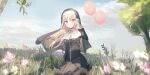  1girl :d absurdres balloon bangs black_dress blue_sky blush breasts brown_eyes brown_hair chihuri clouds commentary_request day dress eyebrows_visible_through_hair floating_hair flower gloves habit hand_up highres long_hair long_sleeves looking_at_viewer medium_breasts nijisanji nun on_grass open_mouth outdoors pink_flower seiza sister_cleaire sitting sky smile solo veil very_long_hair virtual_youtuber white_gloves 