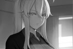  1girl ahoge artoria_pendragon_(fate) artoria_pendragon_(lancer)_(fate) blurry blurry_background closed_mouth collared_shirt commentary depth_of_field english_commentary fate/grand_order fate_(series) formal greyscale jacket long_hair looking_at_viewer lvl_(sentrythe2310) monochrome ponytail shirt solo suit upper_body wing_collar 