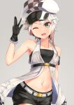  1girl ;d akishimo_(kancolle) arknights armband armpits asymmetrical_bangs asymmetrical_hair bangs bare_shoulders belt black_bandeau black_gloves black_shorts breasts brown_hair cabbie_hat checkered checkered_headwear cliffheart_(arknights) cliffheart_(arknights)_(cosplay) clouds collarbone commentary_request cosplay cowboy_shot gloves gradient_hair grey_background grey_eyes groin hand_up hat highres kantai_collection looking_at_viewer midriff multicolored_hair navel one_eye_closed open_mouth short_hair short_hair_with_long_locks short_shorts shorts sidelocks silver_hair simple_background sleeveless_duster small_breasts smile solo standing strapless tube_top underbust white_belt white_headwear yasume_yukito 