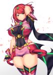  1girl bangs black_gloves breasts chest_jewel earrings fingerless_gloves gloves highres jewelry large_breasts pyra_(xenoblade) red_eyes red_legwear red_shorts redhead short_hair short_shorts shorts solo swept_bangs thigh-highs tiara xenoblade_chronicles_(series) xenoblade_chronicles_2 yui_sora 