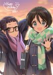  2girls :d arms_behind_head bag black_hair blue_eyes brown_eyes glasses happy_birthday highres jacket long_hair looking_at_viewer multiple_girls n2midori oogaki_chiaki open_mouth outdoors purple_hair rectangular_eyewear saitou_ena scarf school_bag school_uniform short_bangs short_hair sky smile sunset twilight twintails waving yurucamp 