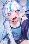  1boy :d blue_eyes blue_hair blush commission fangs finger_in_mouth horns indie_virtual_youtuber long_hair looking_at_viewer male_focus mile_(off8mile) mouth_pull multicolored_hair open_mouth otoko_no_ko skeb_commission smile solo tongue tongue_out valtameri_via virtual_youtuber white_hair 