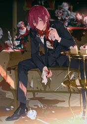 1boy armchair bangs black_footwear black_jacket black_legwear black_neckwear black_pants blood blood_on_clothes blood_on_face blue_eyes cake chair dress_shoes ensemble_stars! eyewear_removed flower food formal full_body handkerchief holding holding_eyewear holding_handkerchief jacket looking_at_viewer male_focus medium_hair necktie pants redhead rose rrr_(reason) saegusa_ibara shirt sitting socks solo suit white_flower white_rose white_shirt yellow-framed_eyewear