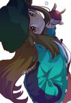  1girl blush brown_eyes brown_hair bucket_hat buttons closed_mouth coat eyelashes green_coat green_headwear hair_flaps hand_up hat highres holding holding_poke_ball kudou_(gst910) leaf_(pokemon) long_hair looking_at_viewer official_alternate_costume poke_ball poke_ball_(basic) pokemon pokemon_(game) pokemon_masters_ex smile solo star_(symbol) twitter_username white_background 